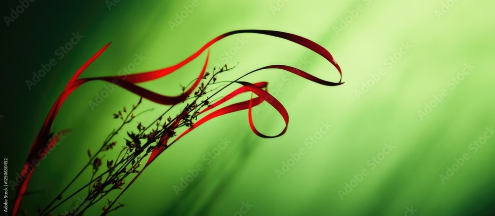Poster curved red lines intertwining with dry plant silhouettes against a vibrant green background creating