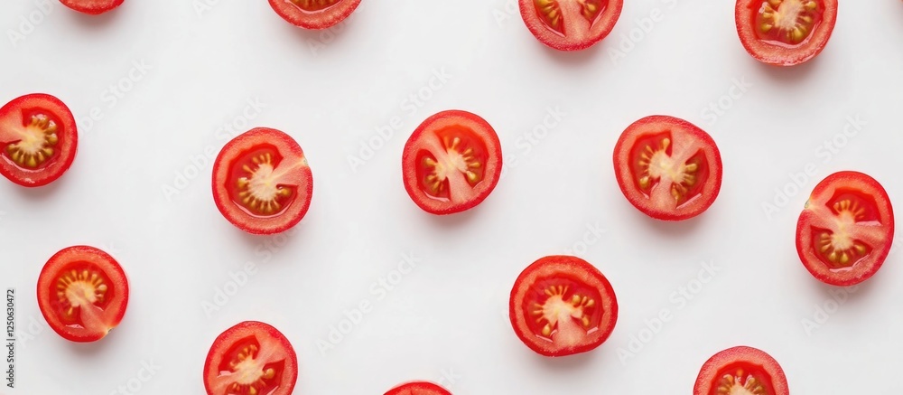 Poster fresh red cherry tomatoes halved and arranged on a white background in a top view flat lay compositi