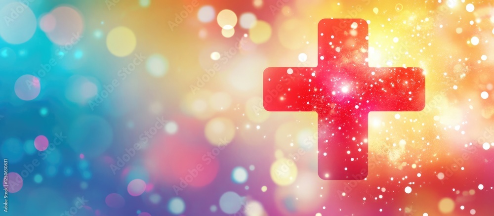 Poster vibrant red cross glowing with sparkling lights on a colorful bokeh background ideal for healthcare 