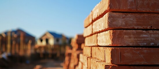Red bricks stacked on a construction site against a clear blue sky with partially built houses in the background