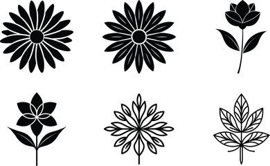 Simple Black and White Floral Icons Flower, Leaf, Botany, Design Elements