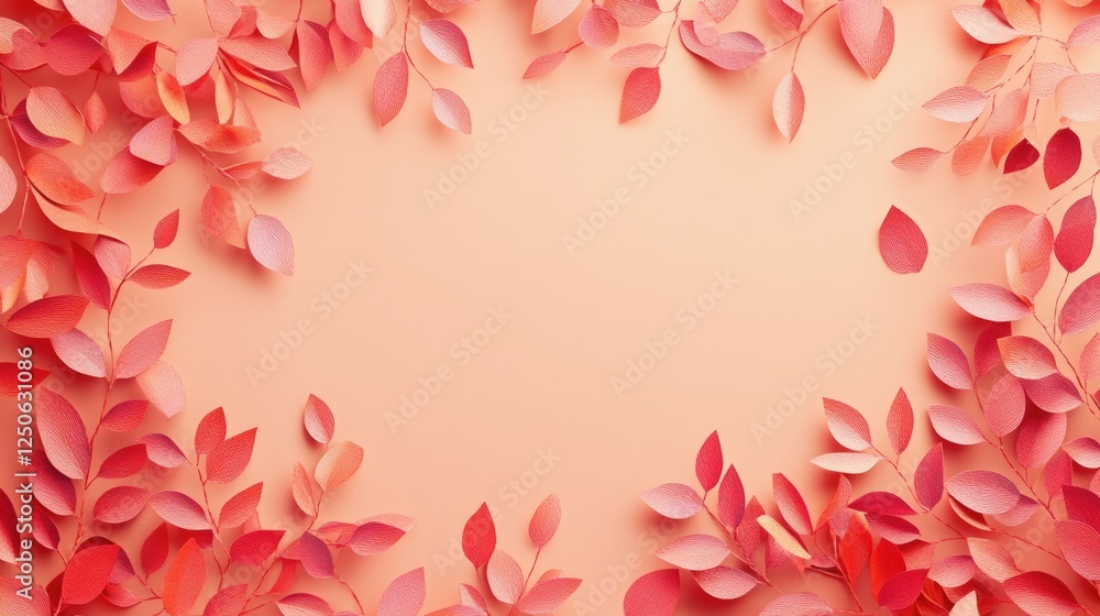 Poster red paper leaves surrounding a soft peach background creating a gentle and artistic frame for variou