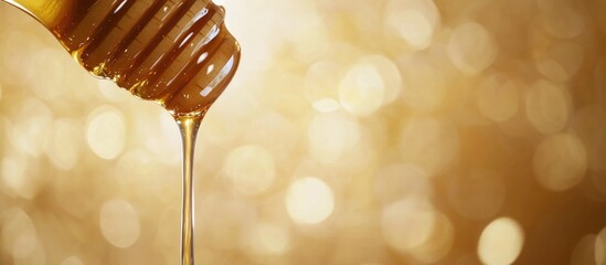 Dripping honey from a wooden dipper with a shimmering golden backdrop ideal for text placement.
