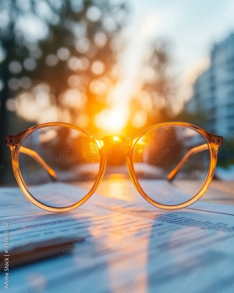 Poster Sunset Reflections in Minimalist Workspace Transparent Glasses with Autumn Tint on Paper - Contemporary Office Decor and Productivity Enhancement
