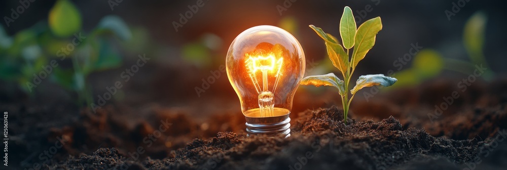 Poster eco-innovation display illuminated lightbulb in nutrient-rich soil with sprouting plant - sustainabl
