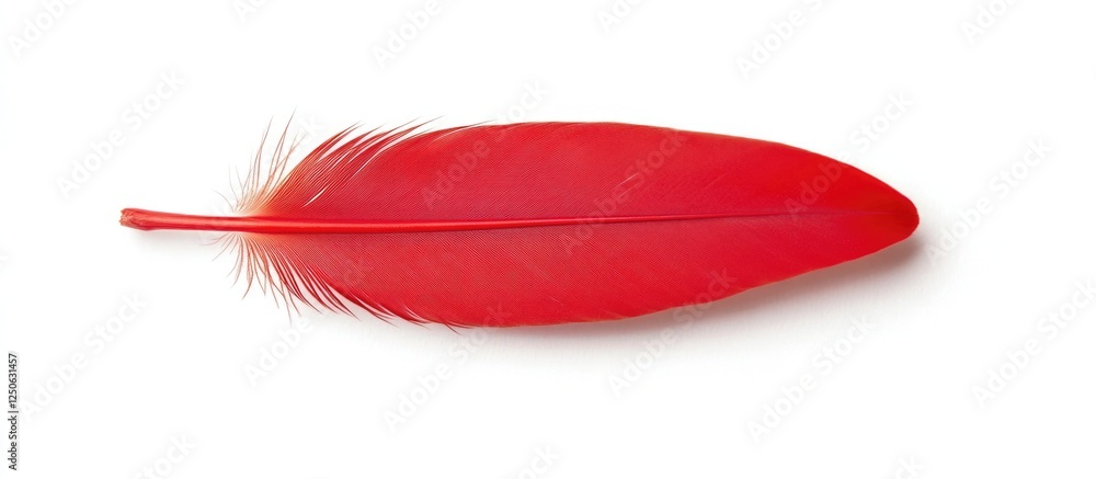 Poster vibrant red goose feather resting against a clean white background showcasing its intricate texture 