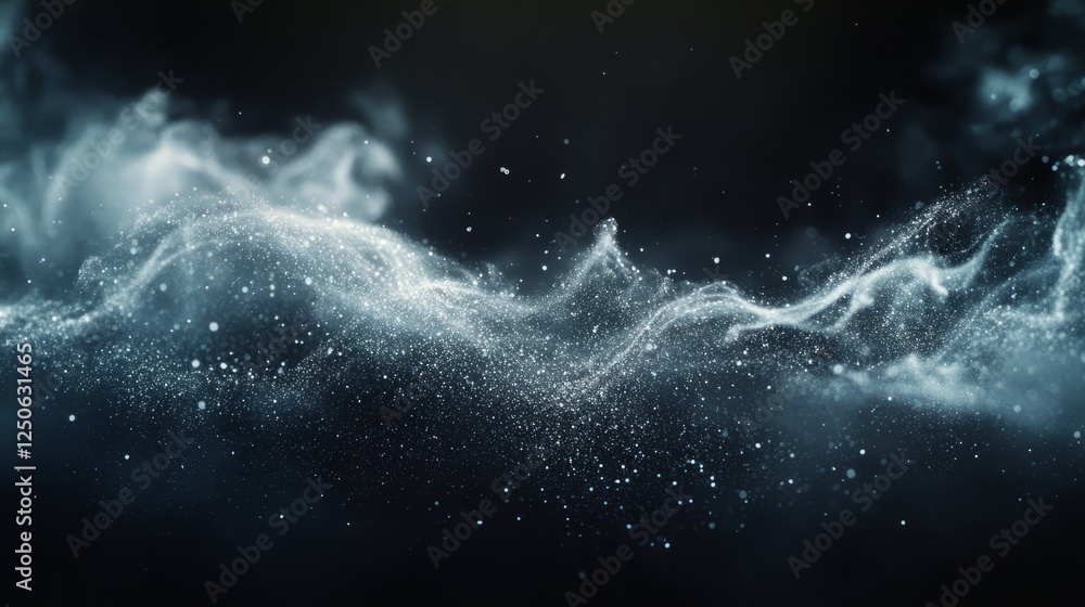 Poster the peaceful movement of dust particles illuminated softly, forming intricate patterns on a black ba