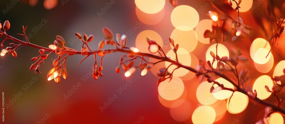 Poster red natural bokeh background featuring soft blurred lights and delicate branches creating a tranquil