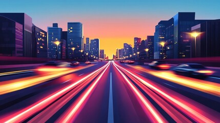Fototapeta premium City lights and speeding cars with a sunset sky in the background
