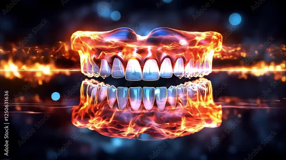 Poster a digitally rendered image of a glowing human jaw with teeth, surrounded by fiery and sparkling effe