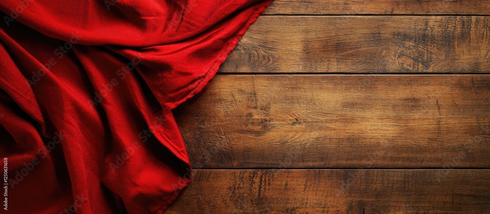 Poster elegant red folded tablecloth draped over rustic wooden table creating a warm and inviting atmospher