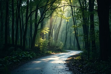 Obraz premium Calm forest scene with a curving path, natural greenery, and sunlight peeking through trees，creating a tranquil and peaceful atmosphere.