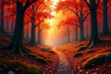Autumnal Pathway Through a Mystical Forest of Crimson Trees at Golden Hour