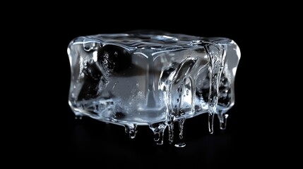 Clear Ice Cube Melting with Water Dripping on Black Background for Refreshing Beverage Concept