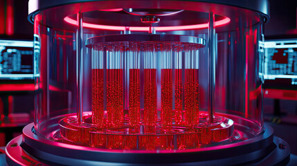 Futuristic Laboratory Device with Red Liquid and High-Tech Screen