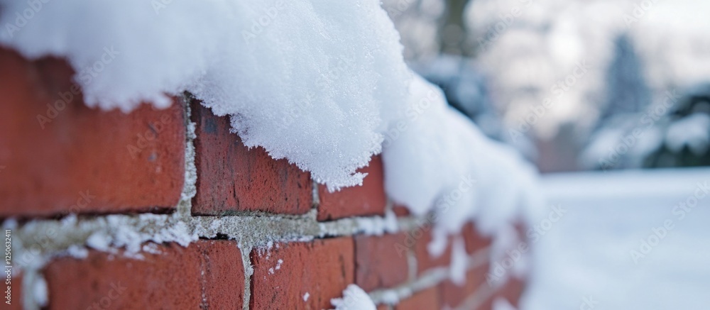 Poster red brick fence post with snow accumulating in cracks creating a winter atmosphere and highlighting 