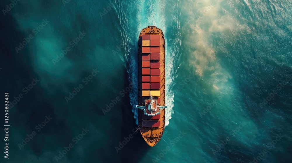 Poster a cargo ship in the ocean with digital data overlays representing customized logistics solutions.