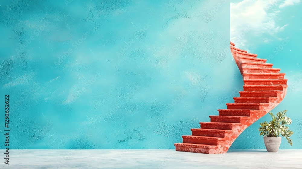 Poster ascending spiral staircase with vibrant red steps set against a minimalist turquoise backdrop showca