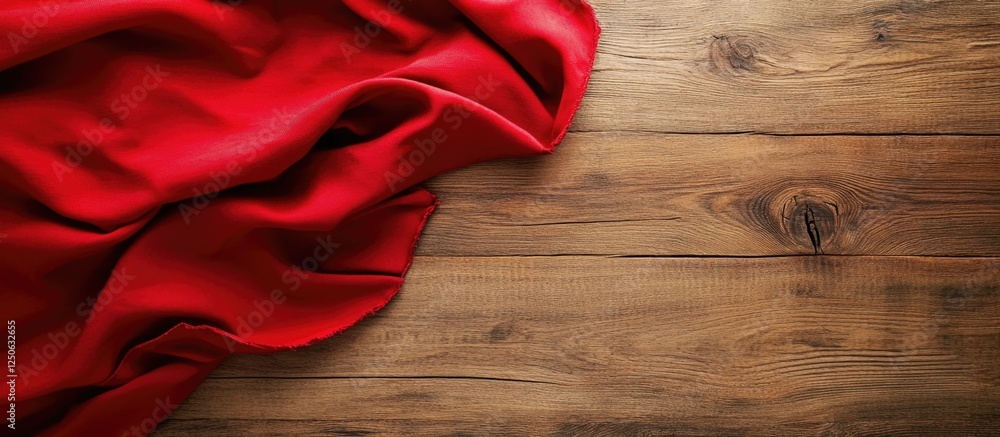 Poster top view of a red folded tablecloth draped elegantly over a rustic wooden table creating a warm and 