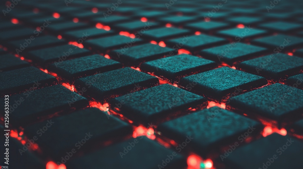 Poster dark teal cubes with red glowing lights abstract 3d grid background