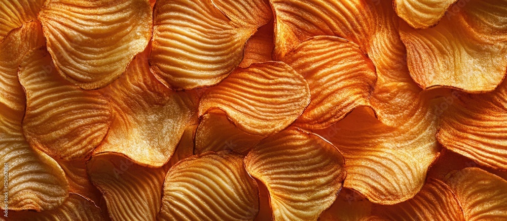 Poster potato chips texture background with a close-up view showcasing wavy patterns and golden hues creati