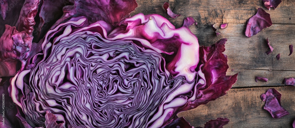 Poster red cabbage cut showing intricate layers on wooden background with scattered petals highlighting its