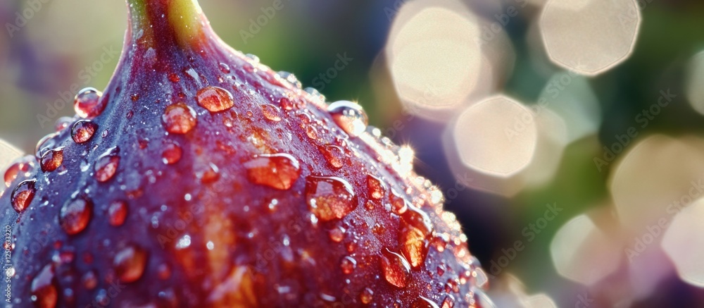 Aufkleber close-up of a ripe fig with dew drops showcasing its vibrant color and texture against a blurred bac