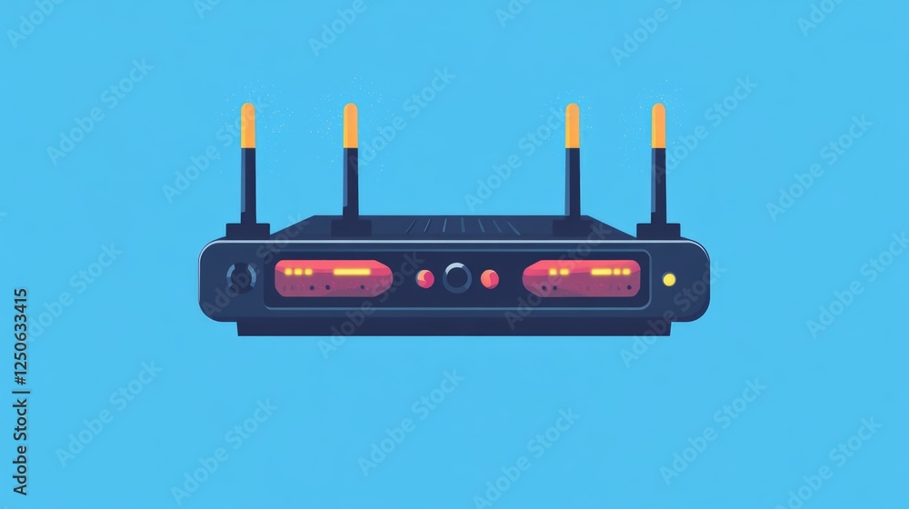 Poster Router Firewall Network Management Flat Design Digital Illustration with Colorful Elements on Blue Background