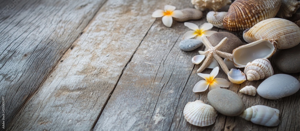 Poster sea stones shells and flowers arranged on a rustic wooden table creating a coastal decorative compos