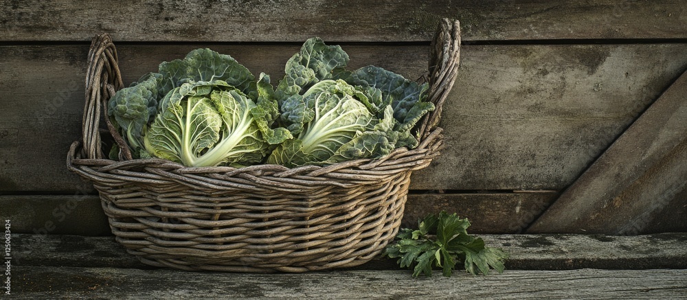 Poster savoy cabbage fresh and vibrant in a rustic wicker basket on a weathered wooden table background sho