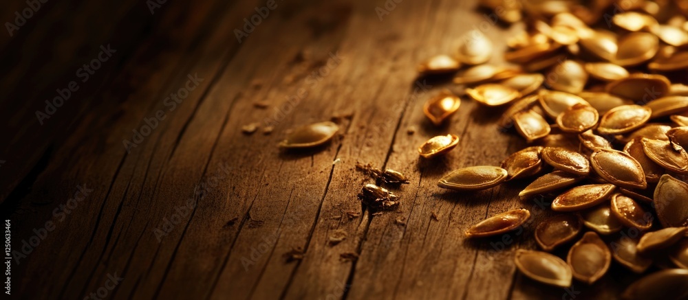 Poster Roasted pumpkin seeds scattered on rustic wooden surface creating a warm and inviting background for culinary or seasonal themes