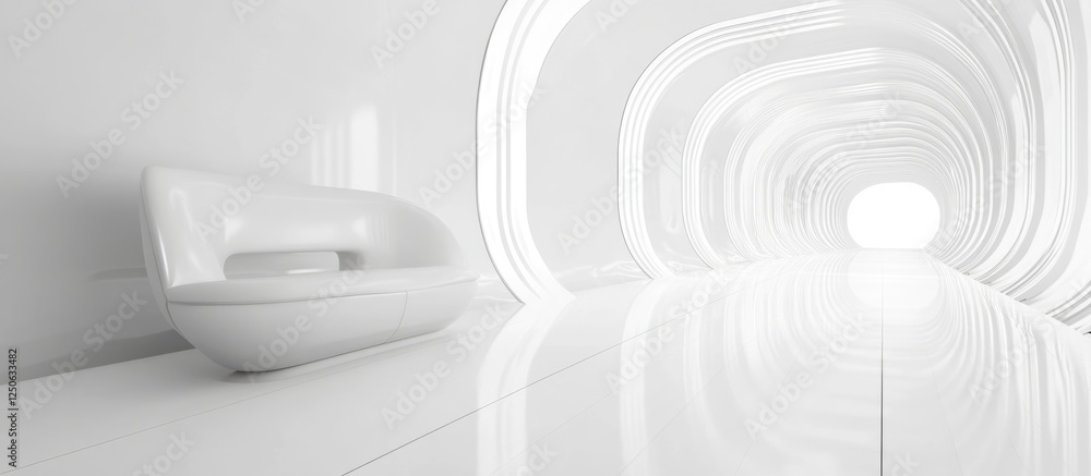 Poster retrofuturistic interior design featuring sleek white furniture and floorboards in a minimalist spac