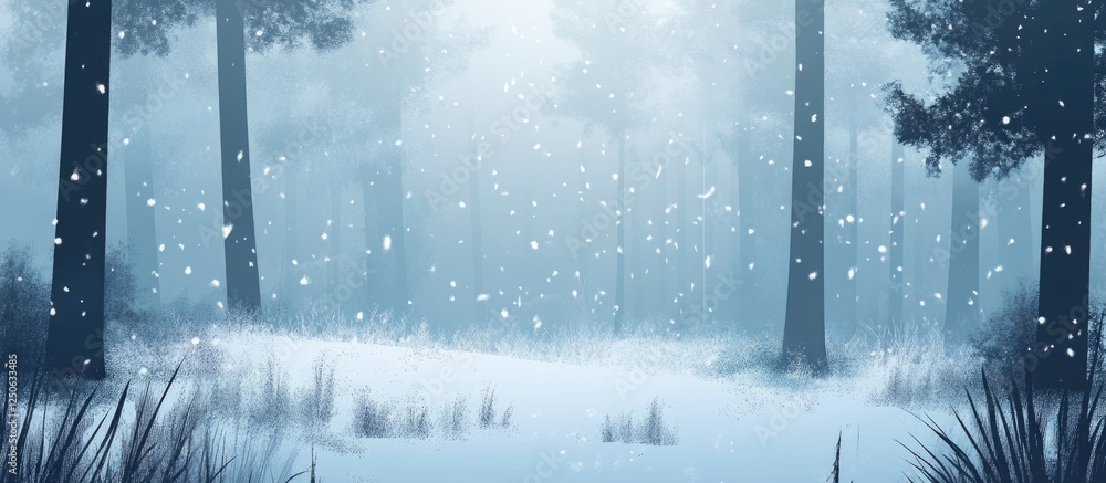 Aufkleber Misty winter forest scene with snowfall creating a serene atmosphere and ample space for text or graphics in the foreground