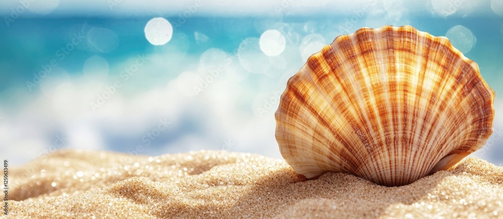 Poster Close-up of a seashell resting on sandy beach with gentle waves and a blurred ocean background creating a serene coastal scene