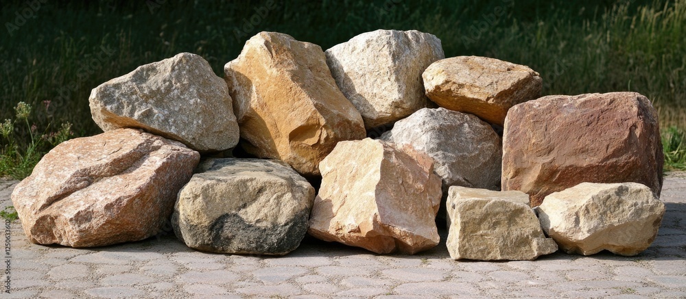 Poster natural stones piled for construction use showcasing various colors and textures ideal for landscapi