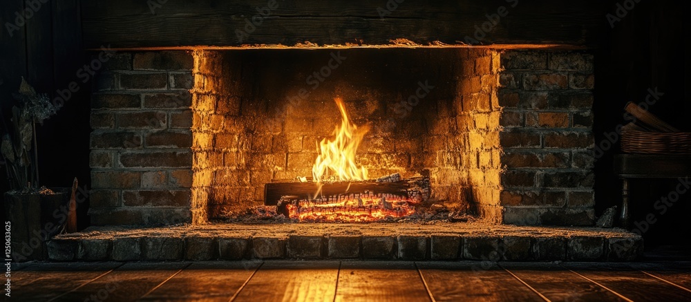Aufkleber Cozy rustic fireplace radiating warmth with a soft crackle in a dimly lit room softly inviting for personalized text or messages.
