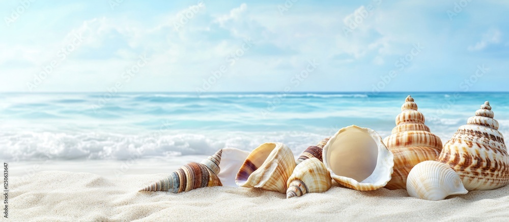 Poster colorful sea shells scattered on pristine white sand with a serene ocean and cloudy sky in the backg