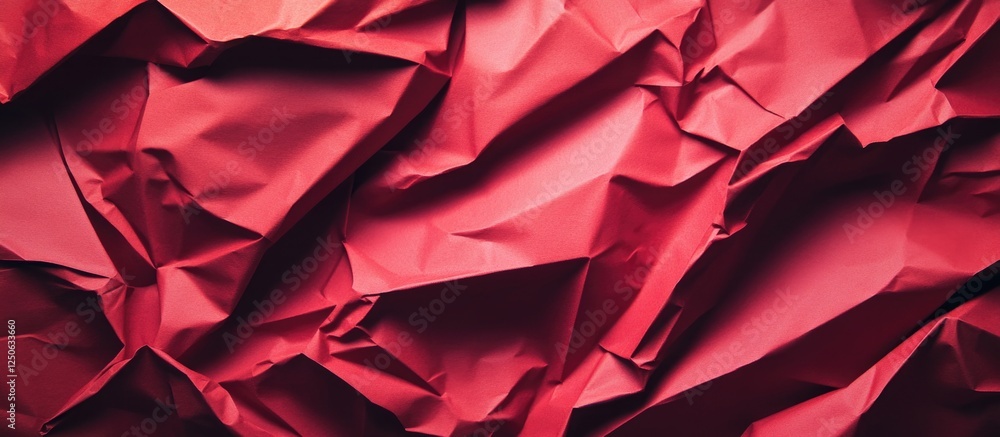 Poster crumpled red paper texture backdrop showcasing vivid color and dynamic wrinkles ideal for background