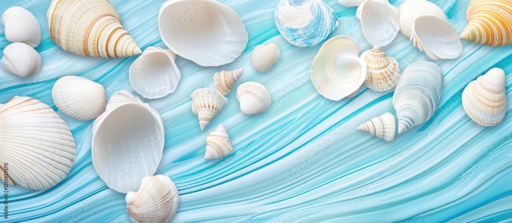 Poster Seashells scattered on a tranquil blue wave background ideal for summer vacation themes and adding personalized text.