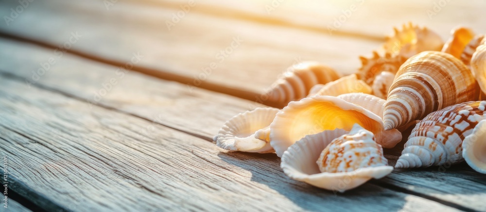 Poster variety of sea shells arranged on a wooden table illuminated by sunlight creating a serene coastal a
