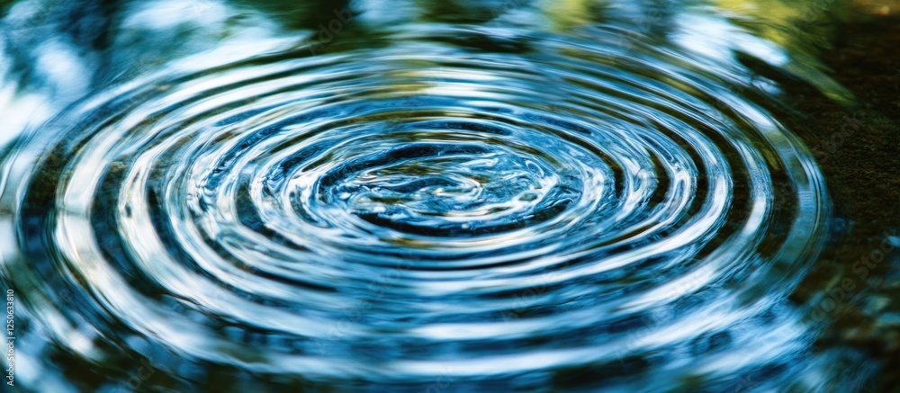 Poster concentric ripples spreading across a tranquil water surface reflecting natural light and color vari