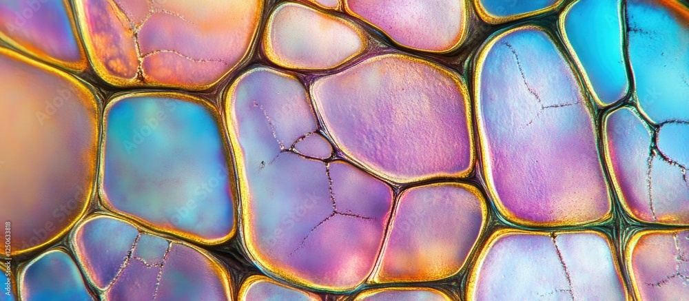 Poster Colorful plant cell structure micrograph showcasing root tip tissue at 100X magnification highlighting intricate cellular details.