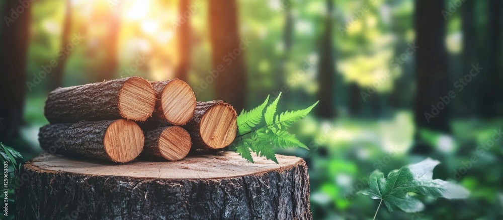 Aufkleber Freshly cut wood logs stacked on a tree stump in a serene forest setting with soft sunlight filtering through the trees.