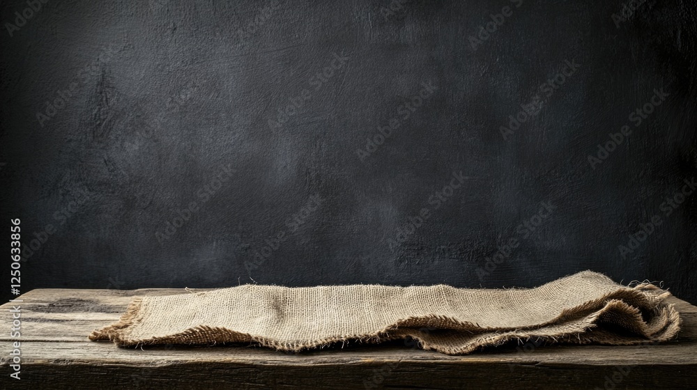 Poster Rustic wooden table with burlap napkin against a textured cement wall creating a dark and quiet atmosphere of solitude and emptiness.