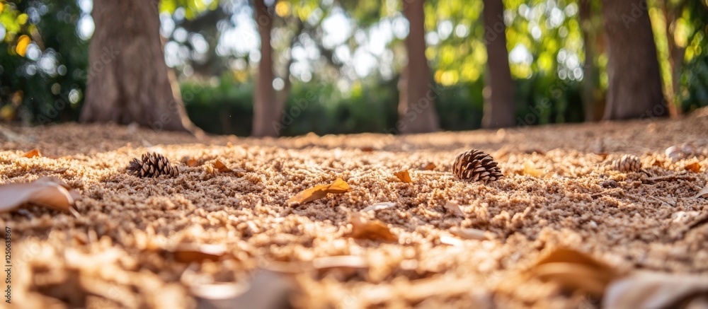 Poster Forest floor covered in sawdust and pine cones creating a serene natural landscape with dappled sunlight filtering through trees.