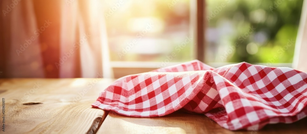 Aufkleber rustic wooden table with red and white checked tablecloth glowing in warm sunlight creating a cozy a
