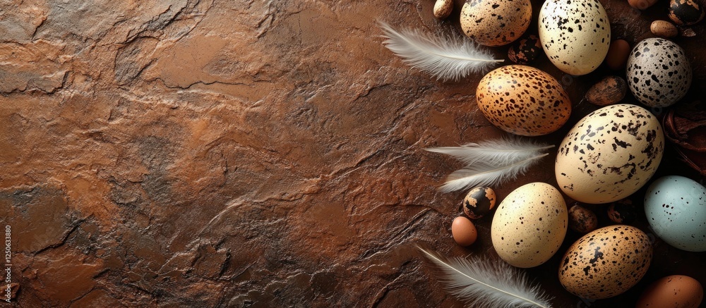 Aufkleber quail eggs with feathers on a rustic background for minimalistic easter theme grocery store displays