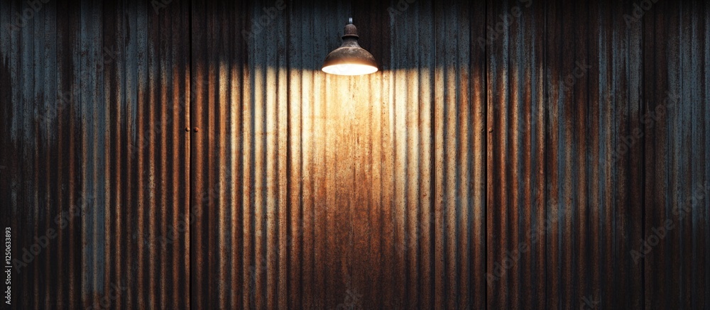 Aufkleber Rusted corrugated metal shed wall with external lighting highlighting texture and empty space for text or branding applications