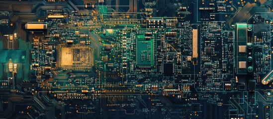 Detailed aerial view of a complex printed circuit board showcasing intricate electronic components and vibrant circuitry.