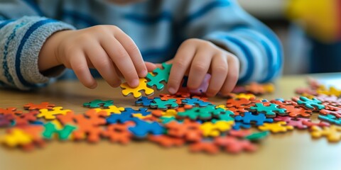 Banner, An autistic child`s hands play colorful jigsaw puzzle symbol of public awareness for autism spectrum disorder. autistic child`s hands playing a puzzle. World Autism Awareness day April 2